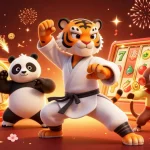 Experience the excitement of open88 with a vibrant scene of a kung fu tiger, panda, and monkey among slots and fireworks.