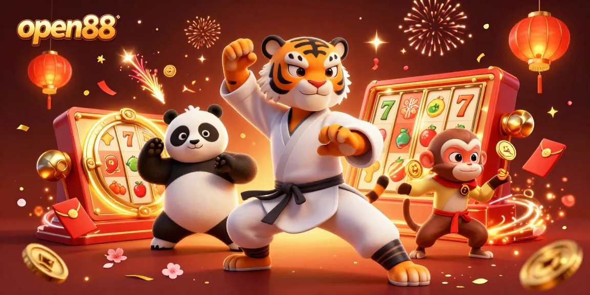 Experience the excitement of open88 with a vibrant scene of a kung fu tiger, panda, and monkey among slots and fireworks.