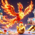Hit club showcases a vibrant 3D scene with phoenixes and slot machine elements amidst dazzling treasures.