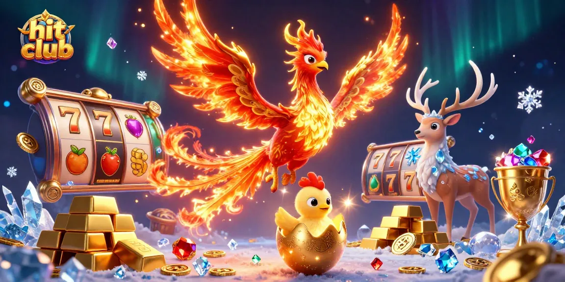Hit club showcases a vibrant 3D scene with phoenixes and slot machine elements amidst dazzling treasures.