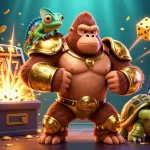 Lego66 showcases a powerful gorilla king, chameleon, and tortoise amidst vibrant casino elements.