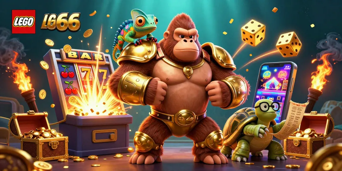 Lego66 showcases a powerful gorilla king, chameleon, and tortoise amidst vibrant casino elements.