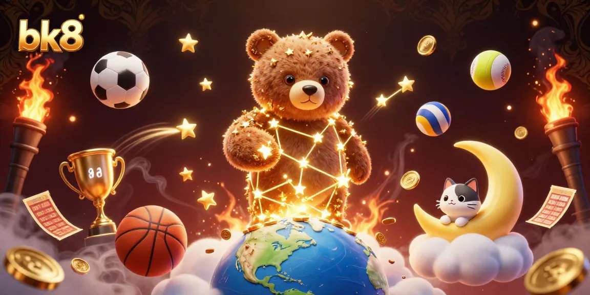 bk8 offers a vibrant casino experience with a constellation bear, sports elements, and golden prizes.