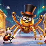 Nổ hũ cúp thế giới showcases a giant golden tarantula and a beetle knight amid dazzling slot elements.