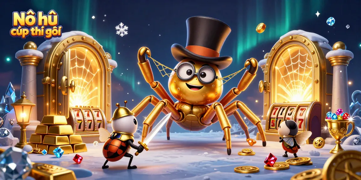 Nổ hũ cúp thế giới showcases a giant golden tarantula and a beetle knight amid dazzling slot elements.