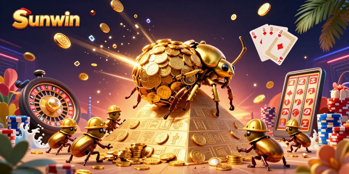 Experience sunwin's vibrant casino action with golden beetles and dazzling gaming elements in 3D illustration.