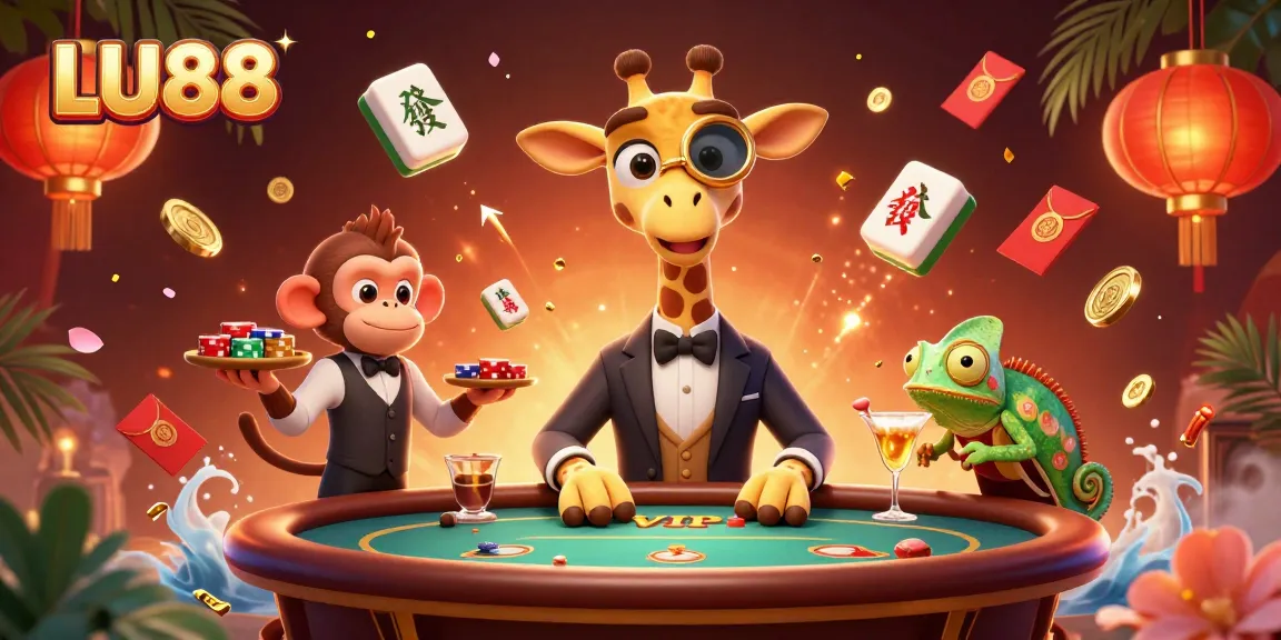 Engage with LU88's vibrant gaming environment featuring a high-roller giraffe at a VIP poker table.