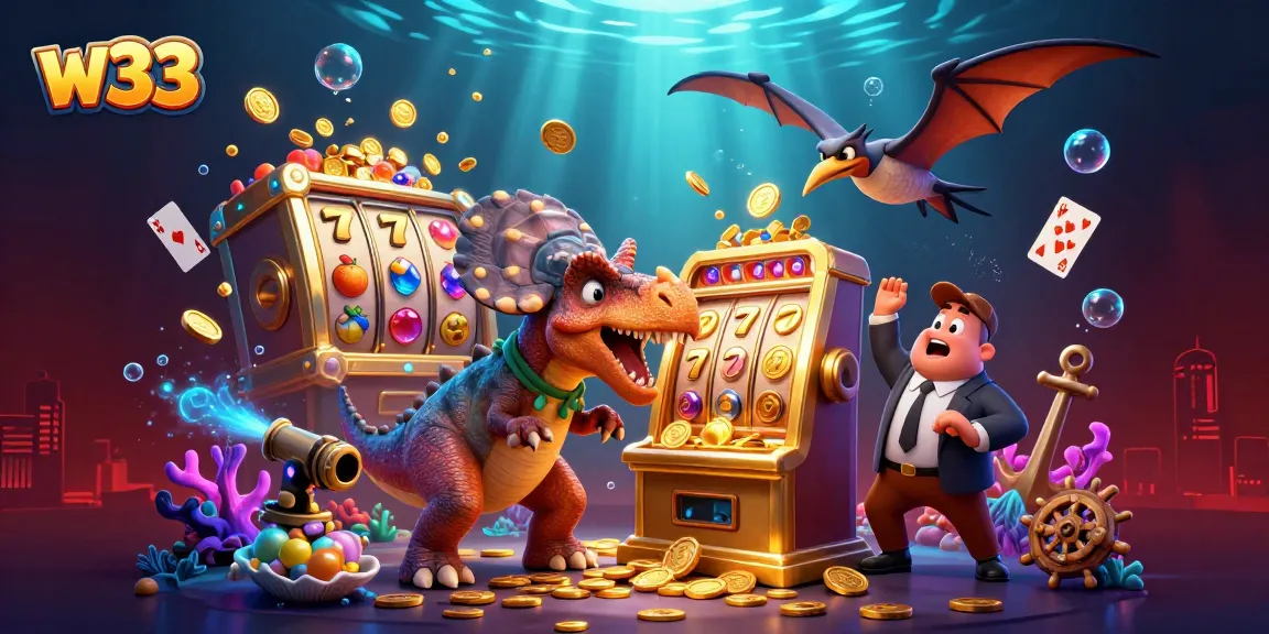 W33 casino features exciting gameplay with a pachycephalosaurus winning jackpots amid colorful slot symbols.