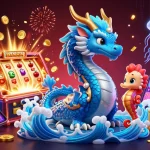 Bắn cá thần tài scene showcasing a vibrant casino with a dragon, seahorse knight, dazzling slot machine, and colorful gaming elements.