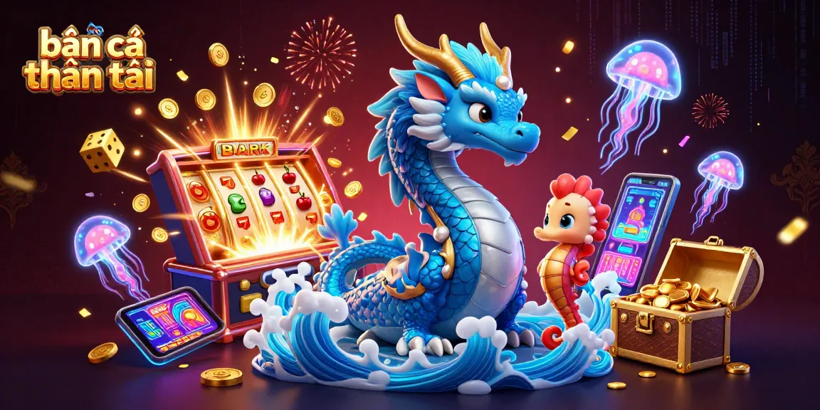 Bắn cá thần tài scene showcasing a vibrant casino with a dragon, seahorse knight, dazzling slot machine, and colorful gaming elements.