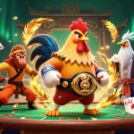 F8BET casino illustration featuring a fierce Muay Thai rooster, Shaolin monkey, and wise crane amidst poker elements.