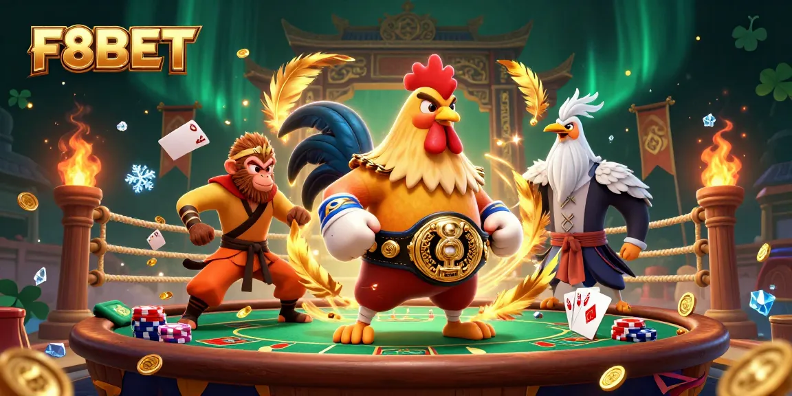 F8BET casino illustration featuring a fierce Muay Thai rooster, Shaolin monkey, and wise crane amidst poker elements.