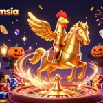 Winbox88msia showcases vibrant casino action with a golden rooster and gems in a thrilling scene.