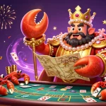 Experience game baccarat excitement with a grand golden crab emperor amidst vibrant casino elements.