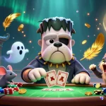 Win88 casino scene with a Frankenstein bulldog and ghost mouse, vibrant colors and dynamic elements.