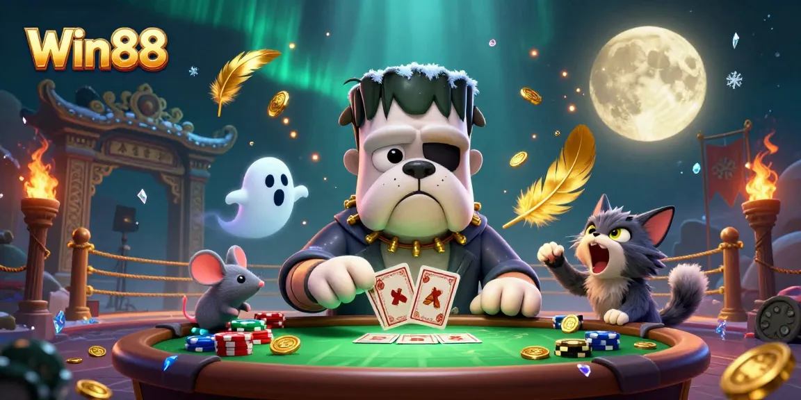 Win88 casino scene with a Frankenstein bulldog and ghost mouse, vibrant colors and dynamic elements.