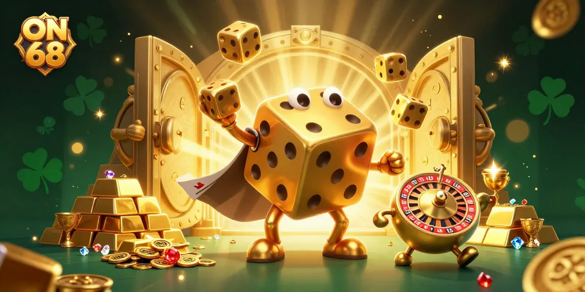Experience rewarding gameplay with ON 68 as golden dice and treasures fill the scene.