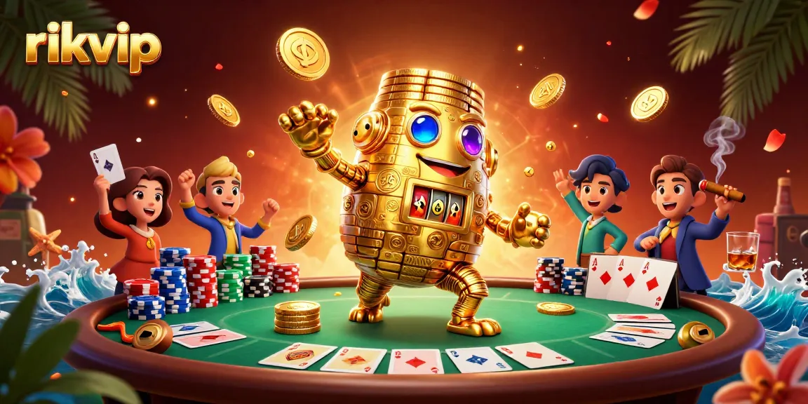 Experience exhilarating moments at rikvip with a dynamic poker illustration featuring a golden golem.