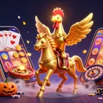 Play the exciting mm99fat slots with glowing golden rooster and dazzling casino elements.