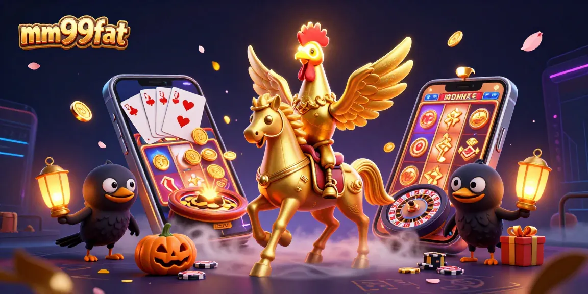 Play the exciting mm99fat slots with glowing golden rooster and dazzling casino elements.