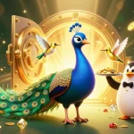 Experience the thrilling action of okfun with a vibrant 3D casino illustration featuring a peacock and treasures.
