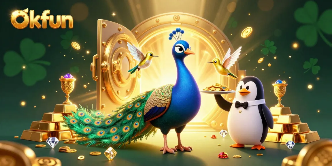 Experience the thrilling action of okfun with a vibrant 3D casino illustration featuring a peacock and treasures.