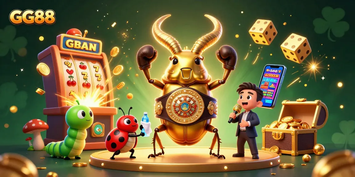 GG88 showcases a vibrant 3D casino scene with a giant beetle, ladybug corner-man, and caterpillar announcer.