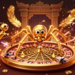 Experience thrilling bets at nk88 with a golden spider and croupier in a vibrant casino scene