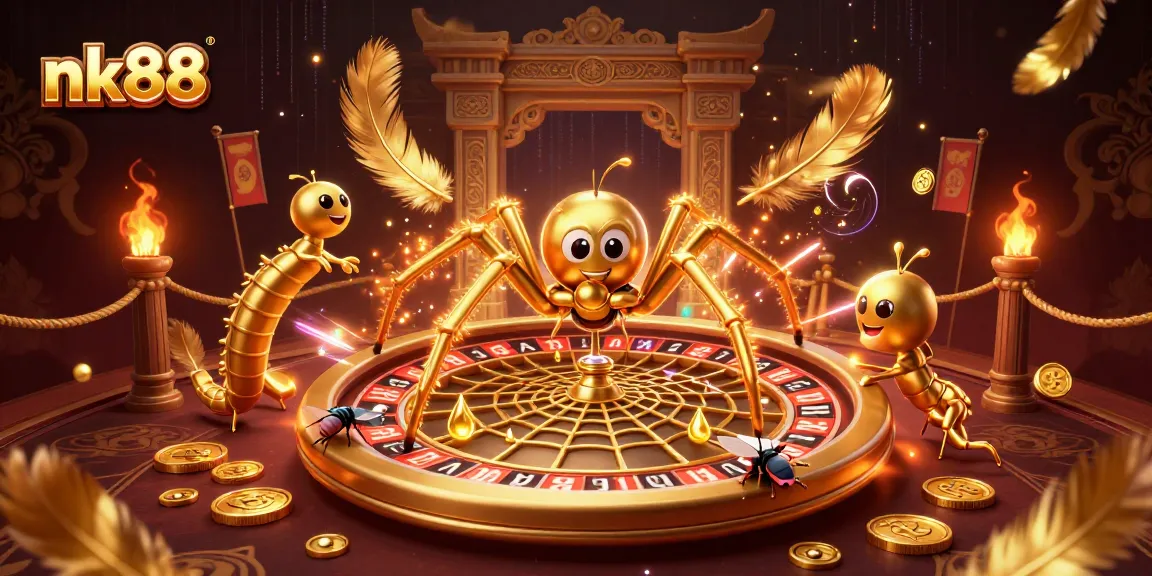 Experience thrilling bets at nk88 with a golden spider and croupier in a vibrant casino scene