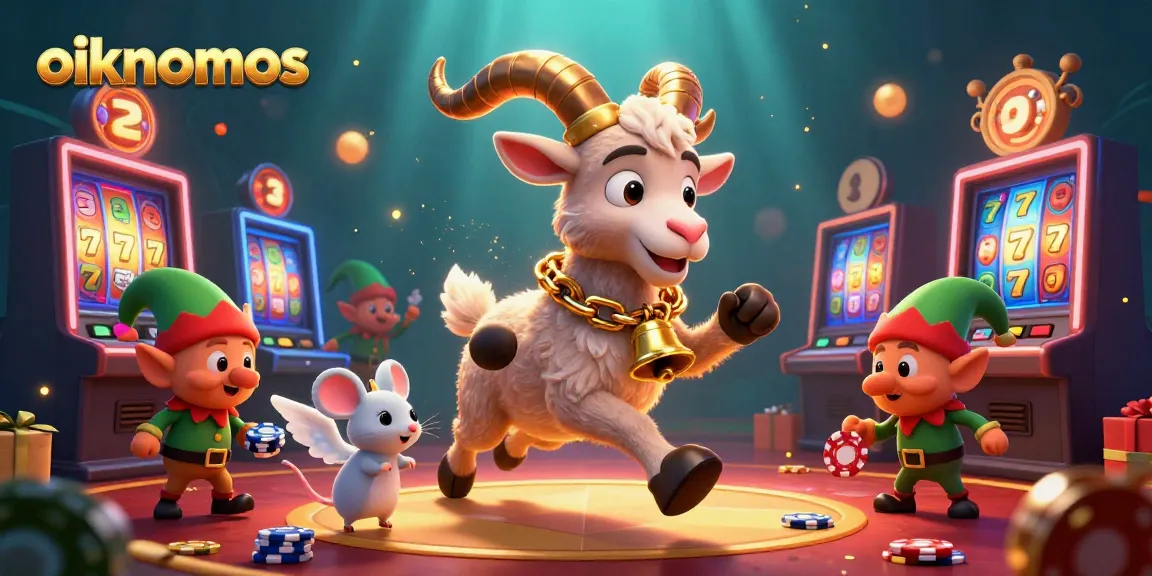 oikonomos showcases a festive Krampus running a casino with mischievous elves, vibrant slot machines, and dynamic flair.