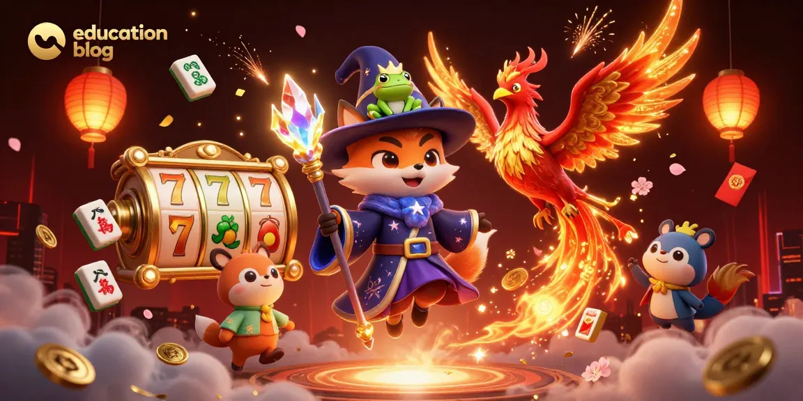 Engage with this dynamic education blog showcasing a mystical fox wizard and phoenix amidst casino slot adventures.