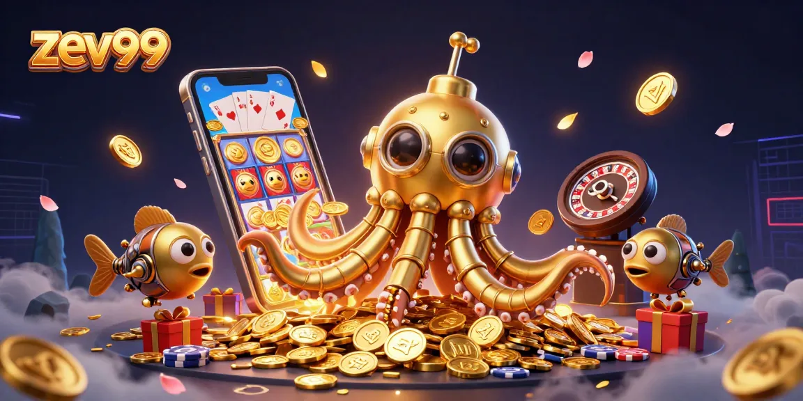 Experience zev99's vibrant slot games with an ultra-detailed kraken submarine amidst gold coins.