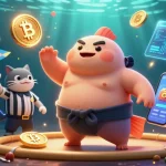 Experience the excitement of 8XBET in an underwater casino scene with engaging characters and crypto elements.