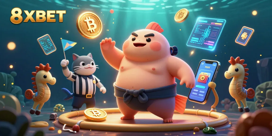 Experience the excitement of 8XBET in an underwater casino scene with engaging characters and crypto elements.