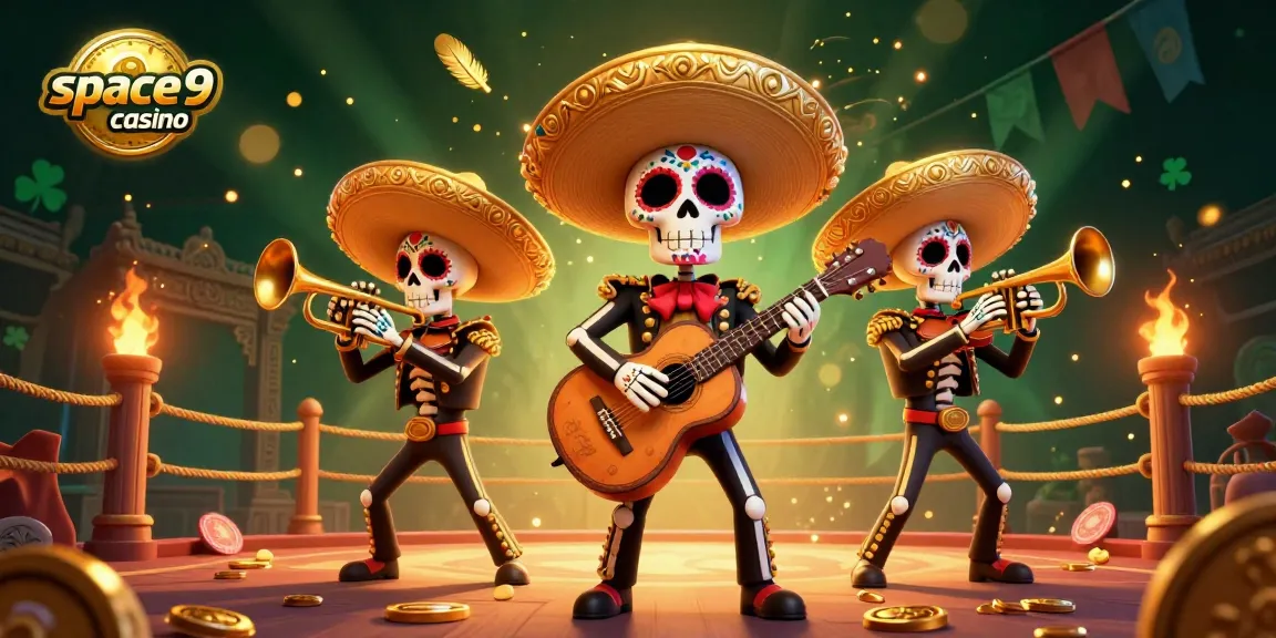 Join the excitement at space9 casino with a lively Day of the Dead mariachi band playing amidst a golden festive atmosphere.