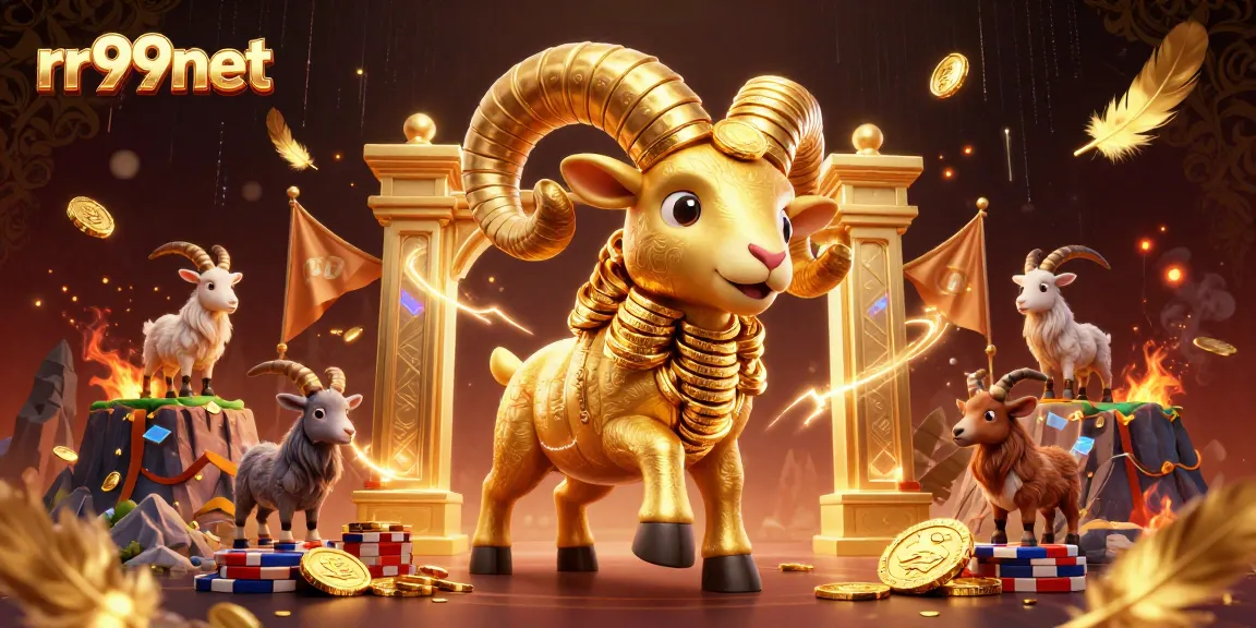 Experience exciting wins at rr99net with a golden ram charging through a casino arena.