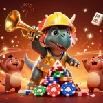 Experience the thrill of xì dách online with animated characters celebrating around stunning casino elements.