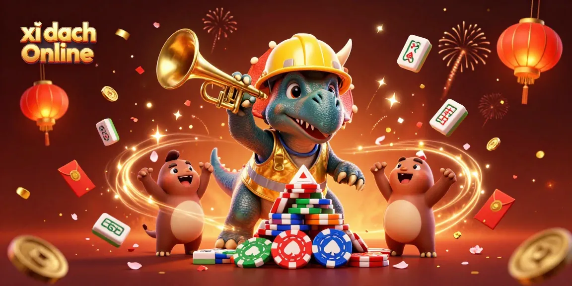 Experience the thrill of xì dách online with animated characters celebrating around stunning casino elements.