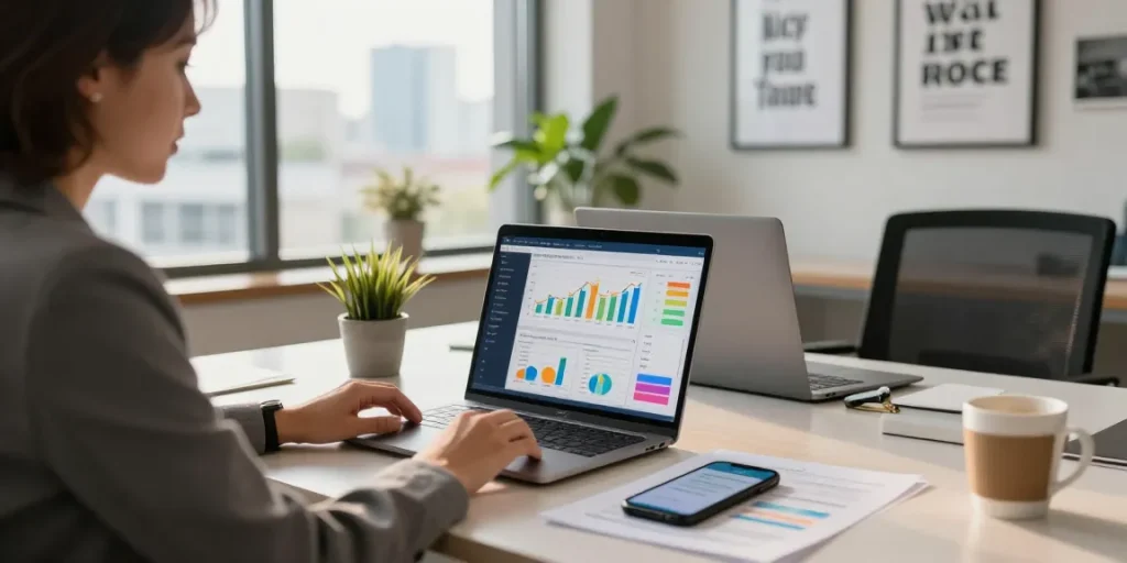 Financial consultant analyzing data in a vibrant workspace featuring dhankubera insights.