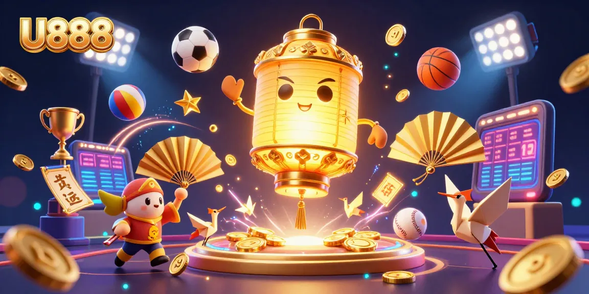 U888 casino showcases vibrant gameplay with a golden lantern spirit and dynamic sports elements.
