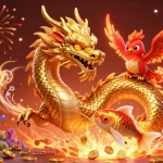 Engage with BK8 in a vibrant 3D casino scene featuring a golden dragon, phoenix, and koi fish surrounded by dynamic game elements.