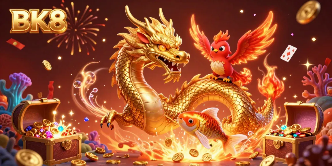 Engage with BK8 in a vibrant 3D casino scene featuring a golden dragon, phoenix, and koi fish surrounded by dynamic game elements.