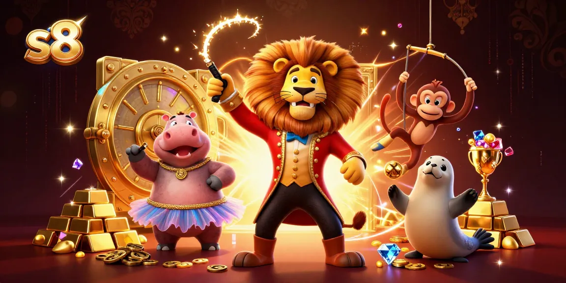 Join the excitement at S8 casino with a vibrant 3D illustration showcasing a circus lion and gaming treasures.