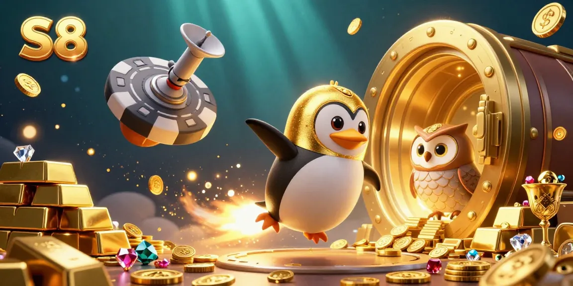 Casino penguin adventure at S8, flying towards a poker chip space station amidst treasures.