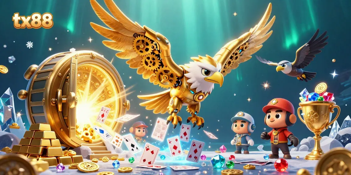 Experience the excitement of tx88 with a cybernetic eagle diving through a whirlwind of cards and treasures.