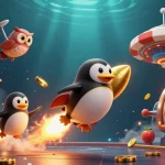 Experience the thrill of mv88 with a golden penguin soaring past a dazzling casino chip in outer space.