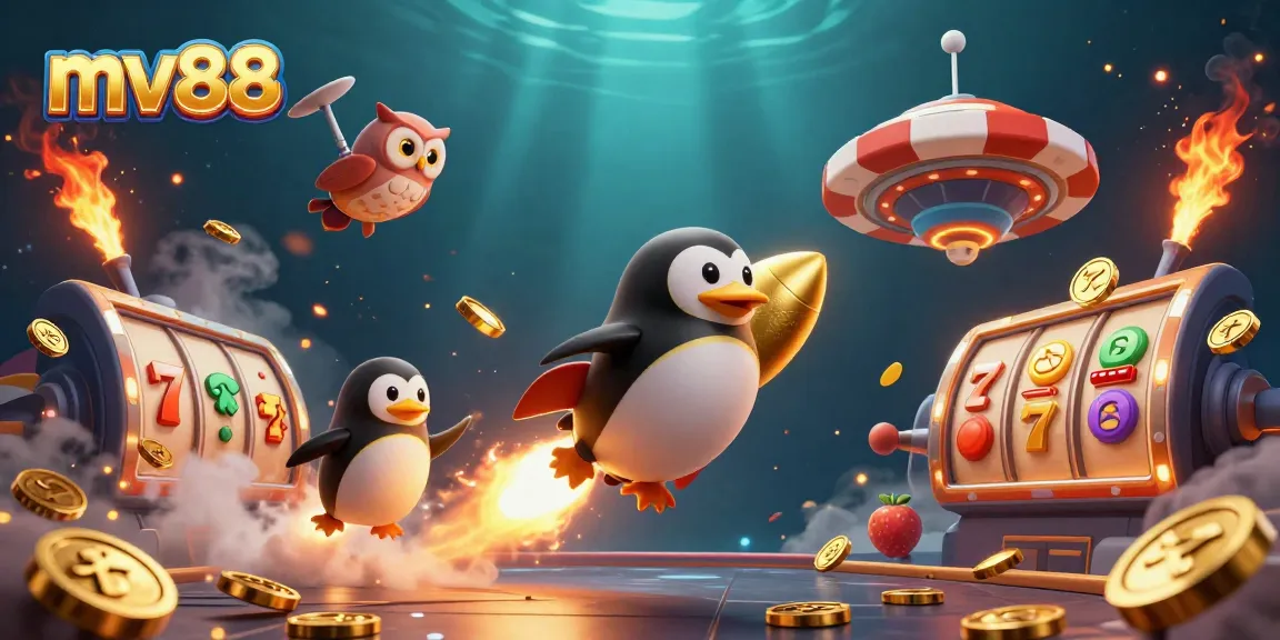 Experience the thrill of mv88 with a golden penguin soaring past a dazzling casino chip in outer space.