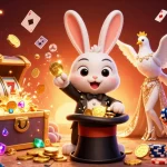 Nổ hũ đại phát tài showcases a magical scene of a rabbit pulling coins while a dove and monkey enhance the casino atmosphere.