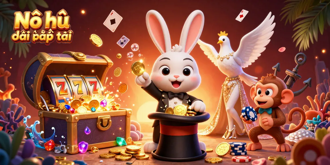 Nổ hũ đại phát tài showcases a magical scene of a rabbit pulling coins while a dove and monkey enhance the casino atmosphere.