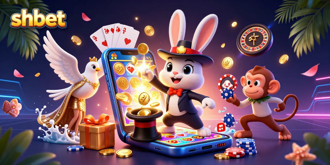 Experience shbet with a 3D magician rabbit conjuring coins and fun casino elements for thrilling gameplay.